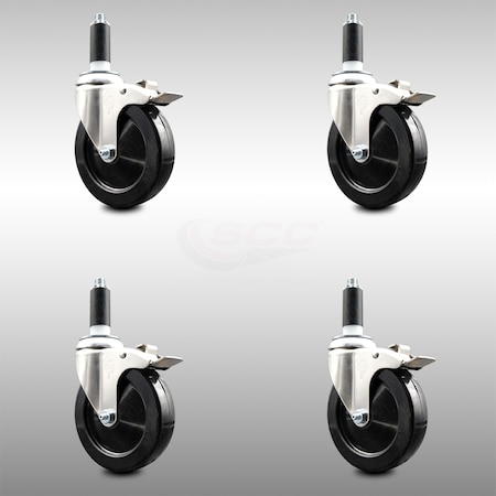 Service Caster 5 Inch 316SS Soft Rubber Swivel 1 Inch Expanding Stem Caster Set Lock Brake SCC-SS316TTLEX20S514-SRS-1-4